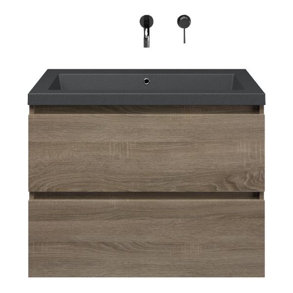 Westkapelle badmeubel 80 cm eiken donker met quartz Cadzand-Q wastafel grijs mat, zonder kraangat