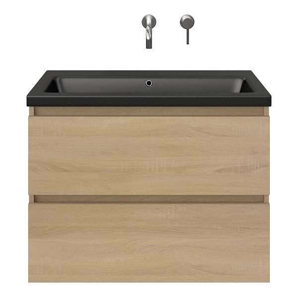 Westkapelle badmeubel 80 cm eiken licht met keramische Dishoek wastafel zwart mat, zonder kraangat