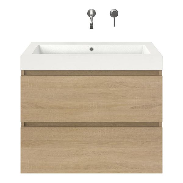 Westkapelle badmeubel 80 cm eiken licht met polystone Cadzand wastafel wit glans, zonder kraangat, 66 cm hoog