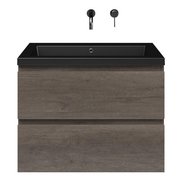 Westkapelle badmeubel 80 cm olm donker grijs met polystone Cadzand wastafel zwart mat, zonder kraangat
