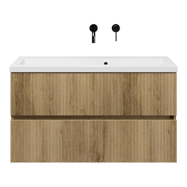 Zierikzee badmeubel 100 cm warm eiken met keramische Dishoek wastafel wit glans