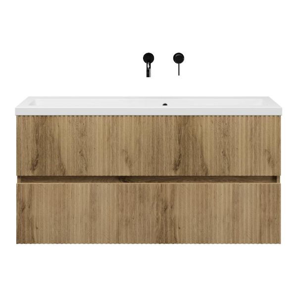Zierikzee badmeubel 120 cm warm eiken met keramische Dishoek wastafel wit glans, zonder kraangat