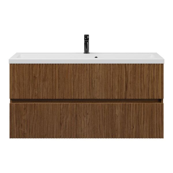 Zierikzee badmeubel 120 cm warm noten met keramische Dishoek wastafel wit mat, 1 kraangat