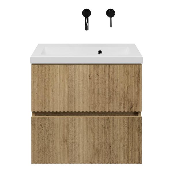 Zierikzee badmeubel 60 cm warm eiken met keramische Dishoek wastafel wit mat, zonder kraangat