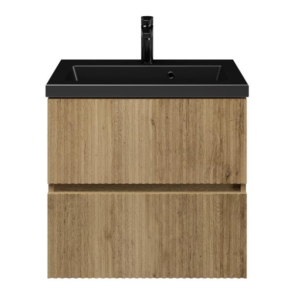 Zierikzee badmeubel 60 cm warm eiken met keramische Dishoek wastafel zwart mat, 1 kraangat