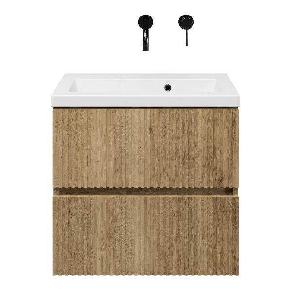 Zierikzee badmeubel 60 cm warm eiken met keramische Dishoek wastafel wit glans, zonder kraangat