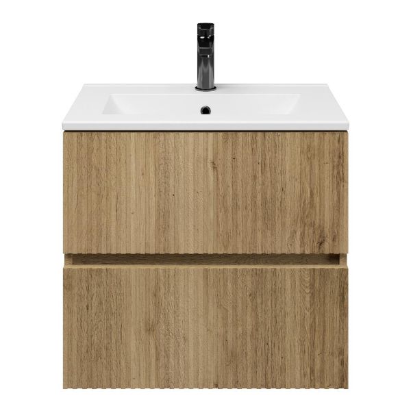 Zierikzee badmeubel 60 cm warm eiken met keramische Huisduinen wastafel wit glans