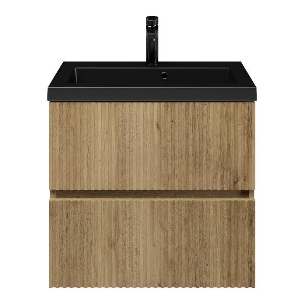 Zierikzee badmeubel 60 cm warm eiken met polystone Cadzand wastafel zwart mat