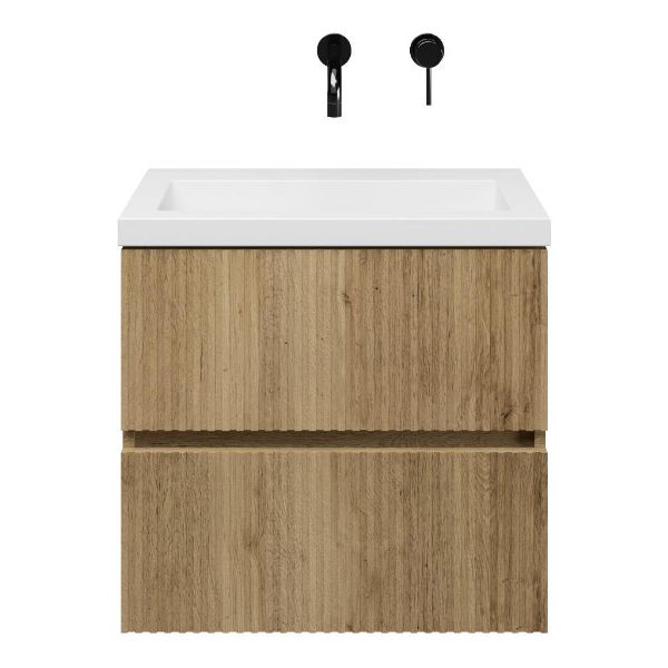 Zierikzee badmeubel 60 cm warm eiken met polystone Cadzand wastafel wit glans, zonder kraangat