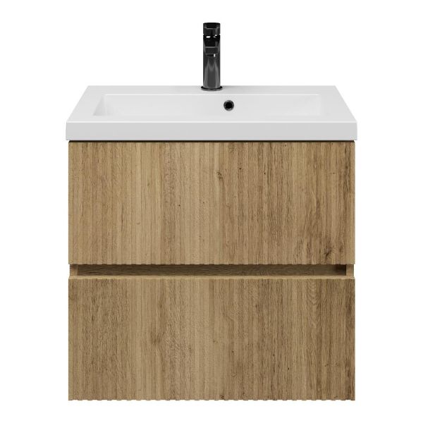 Zierikzee badmeubel 60 cm warm eiken met polystone Cadzand wastafel wit mat, 1 kraangat, met overloop