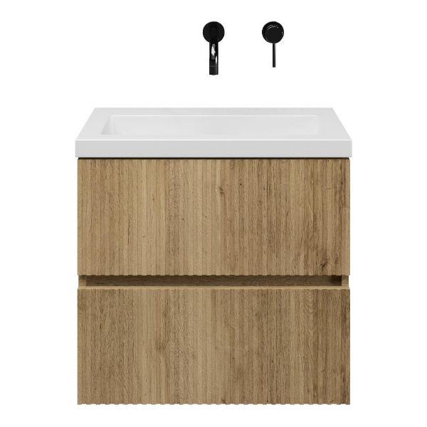 Zierikzee badmeubel 60 cm warm eiken met polystone Cadzand wastafel wit mat, zonder kraangat