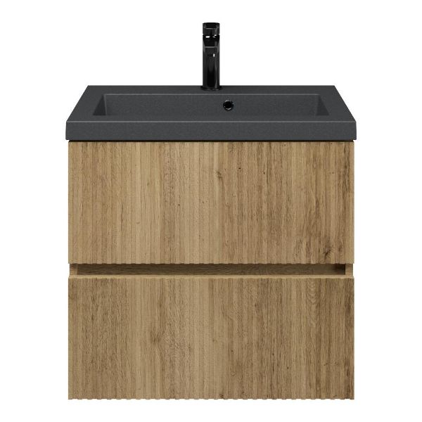 Zierikzee badmeubel 60 cm warm eiken met polystone Cadzand wastafel grijs mat