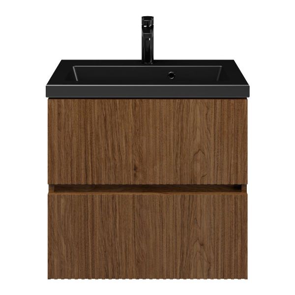 Zierikzee badmeubel 60 cm warm noten met keramische Dishoek wastafel zwart mat, 1 kraangat