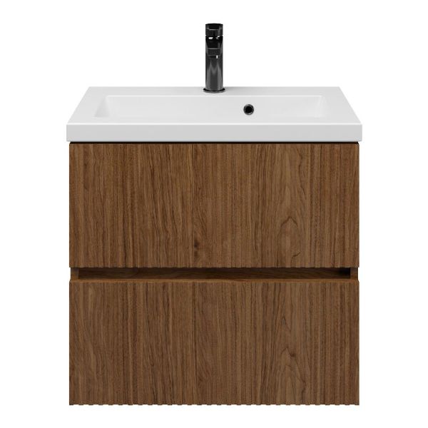 Zierikzee badmeubel 60 cm warm noten met keramische Dishoek wastafel wit mat, 1 kraangat