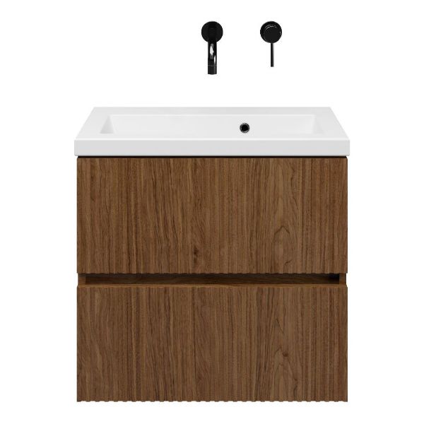 Zierikzee badmeubel 60 cm warm noten met keramische Dishoek wastafel wit glans, zonder kraangat