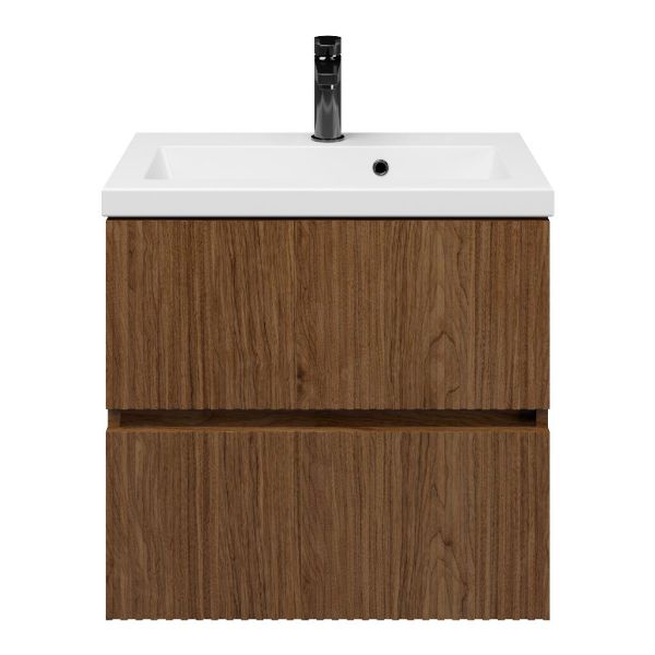 Zierikzee badmeubel 60 cm warm noten met keramische Dishoek wastafel wit glans, 1 kraangat