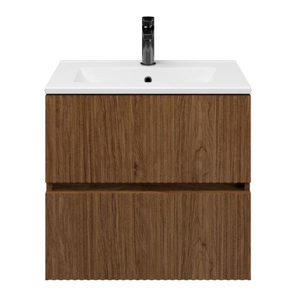 Zierikzee badmeubel 60 cm warm noten met keramische Huisduinen wastafel wit glans
