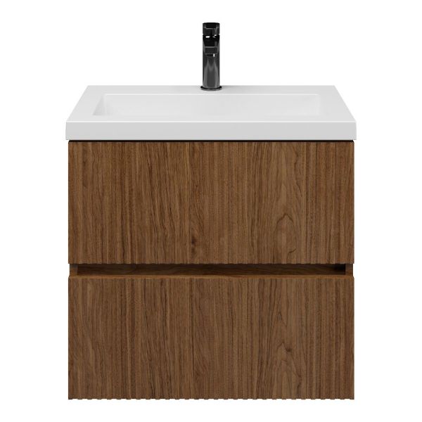 Zierikzee badmeubel 60 cm warm noten met polystone Cadzand wastafel wit mat, 1 kraangat, zonder overloop