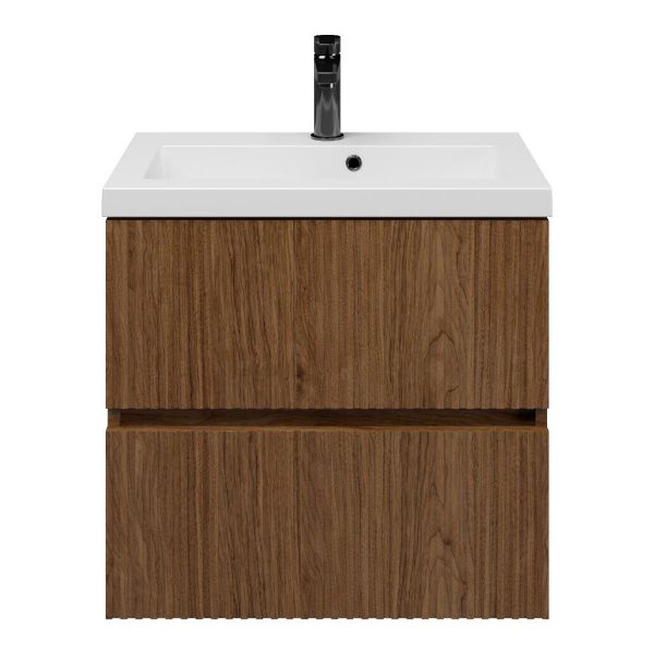 Zierikzee badmeubel 60 cm warm noten met polystone Cadzand wastafel wit mat, 1 kraangat, met overloop