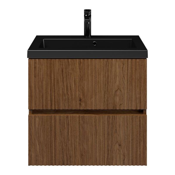 Zierikzee badmeubel 60 cm warm noten met polystone Cadzand wastafel zwart mat