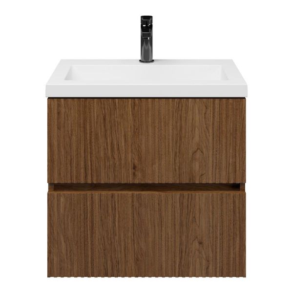 Zierikzee badmeubel 60 cm warm noten met polystone Cadzand wastafel wit glans, 1 kraangat