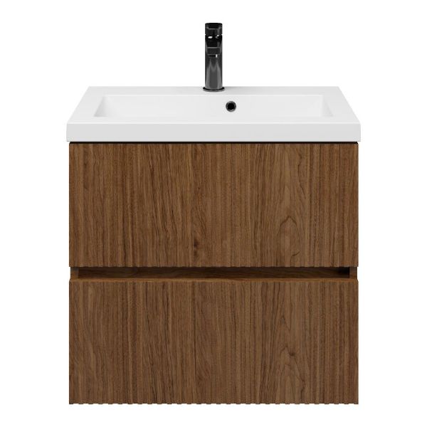 Zierikzee badmeubel 60 cm warm noten met polystone Cadzand wastafel wit glans, 1 kraangat