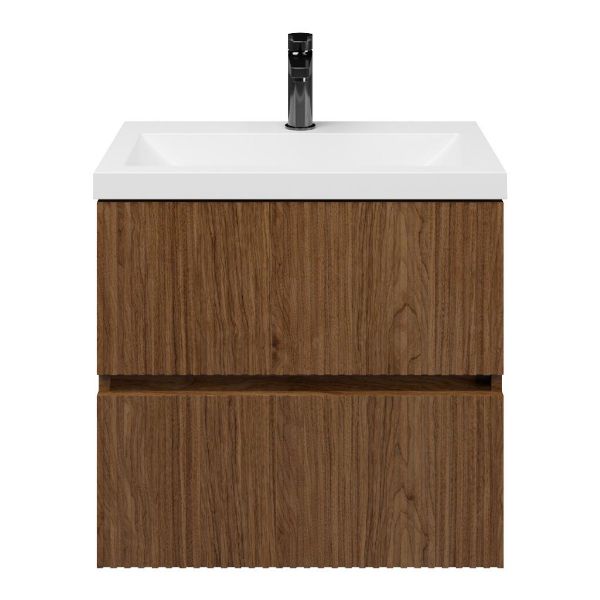 Zierikzee badmeubel 60 cm warm noten met polystone Scharendijke wastafel wit glans