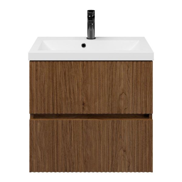 Zierikzee badmeubel 60 cm warm noten met polystone Scharendijke wastafel wit glans