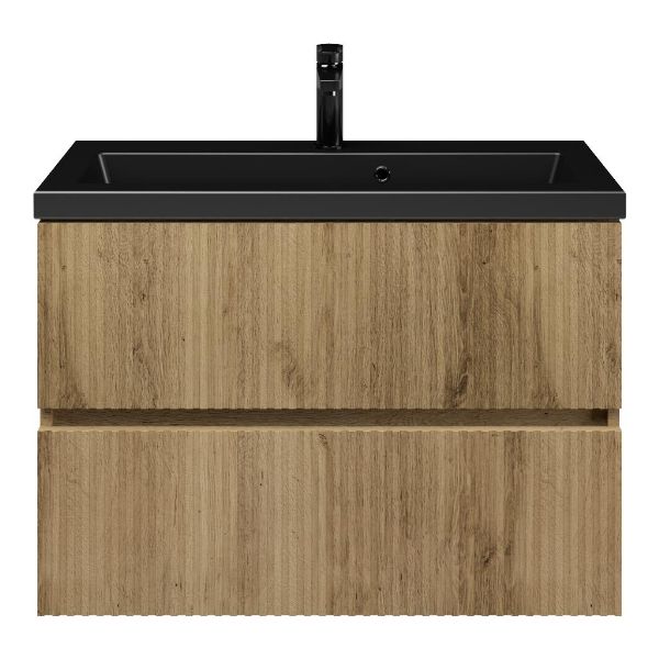 Zierikzee badmeubel 80 cm warm eiken met keramische Dishoek wastafel zwart mat, 1 kraangat