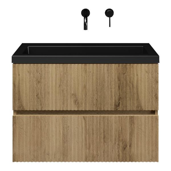 Zierikzee badmeubel 80 cm warm eiken met polystone Cadzand wastafel zwart mat, zonder kraangat