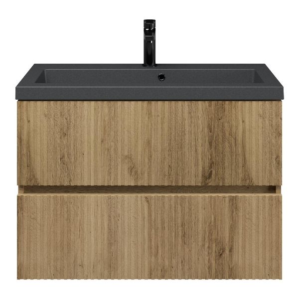 Zierikzee badmeubel 80 cm warm eiken met polystone Cadzand wastafel grijs mat, met overloop
