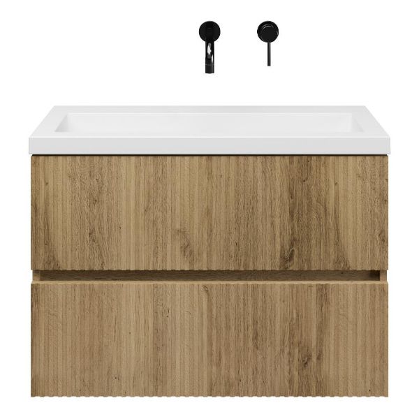 Zierikzee badmeubel 80 cm warm eiken met polystone Cadzand wastafel wit glans, zonder kraangat
