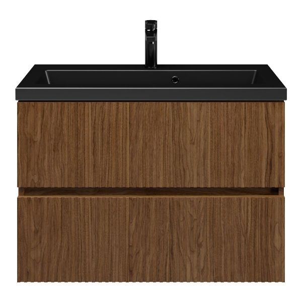 Zierikzee badmeubel 80 cm warm noten met keramische Dishoek wastafel zwart mat, 1 kraangat