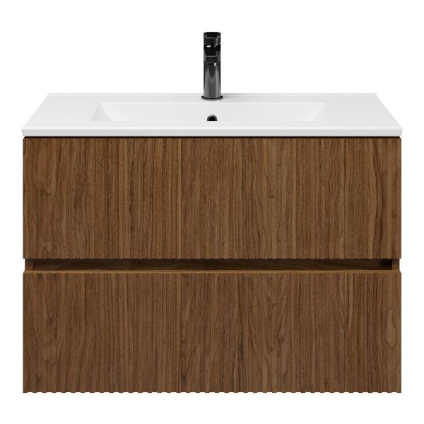 Zierikzee badmeubel 80 cm warm noten met keramische Huisduinen wastafel wit glans