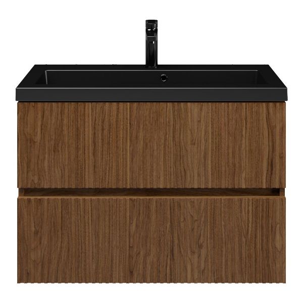 Zierikzee badmeubel 80 cm warm noten met polystone Cadzand wastafel zwart mat, 1 kraangat