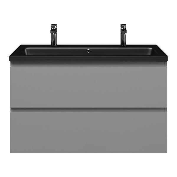 Zoutelande badmeubel 100 cm licht grijs met keramische Dishoek wastafel zwart mat, 2 kraangaten