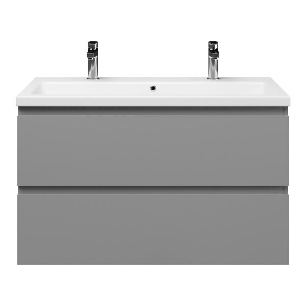 Zoutelande badmeubel 100 cm licht grijs met keramische Dishoek wastafel wit glans, 2 kraangaten