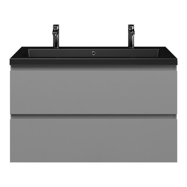 Zoutelande badmeubel 100 cm licht grijs met polystone Cadzand wastafel zwart mat, 2 kraangaten