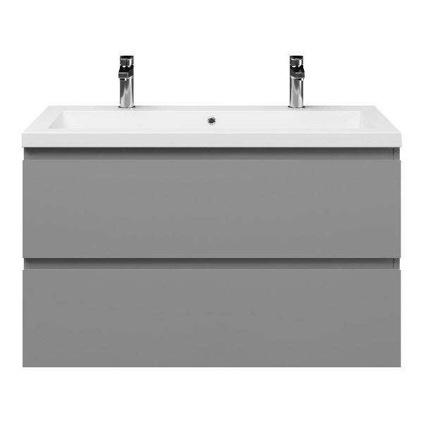 Zoutelande badmeubel 100 cm licht grijs met polystone Cadzand wastafel wit glans, 2 kraangaten