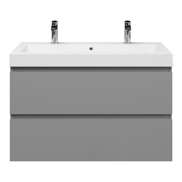 Zoutelande badmeubel 100 cm licht grijs met polystone Cadzand wastafel wit glans, 2 kraangaten