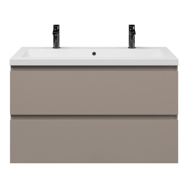 Zoutelande badmeubel 100 cm taupe met Cadzand wastafel wit mat, 2 kraangaten