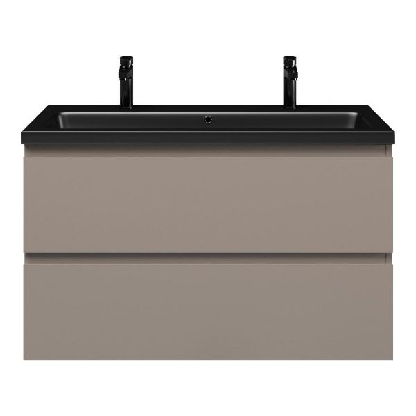 Zoutelande badmeubel 100 cm taupe met keramische Dishoek wastafel zwart mat, 2 kraangaten