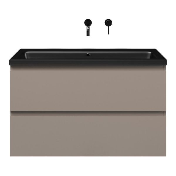 Zoutelande badmeubel 100 cm taupe met keramische Dishoek wastafel zwart mat, zonder kraangat