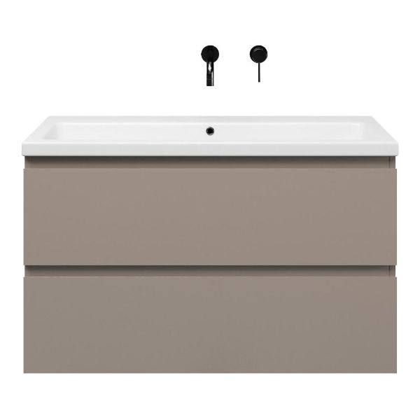 Zoutelande badmeubel 100 cm taupe met keramische Dishoek wastafel wit glans, zonder kraangat