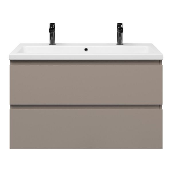 Zoutelande badmeubel 100 cm taupe met keramische Dishoek wastafel wit glans, 2 kraangaten