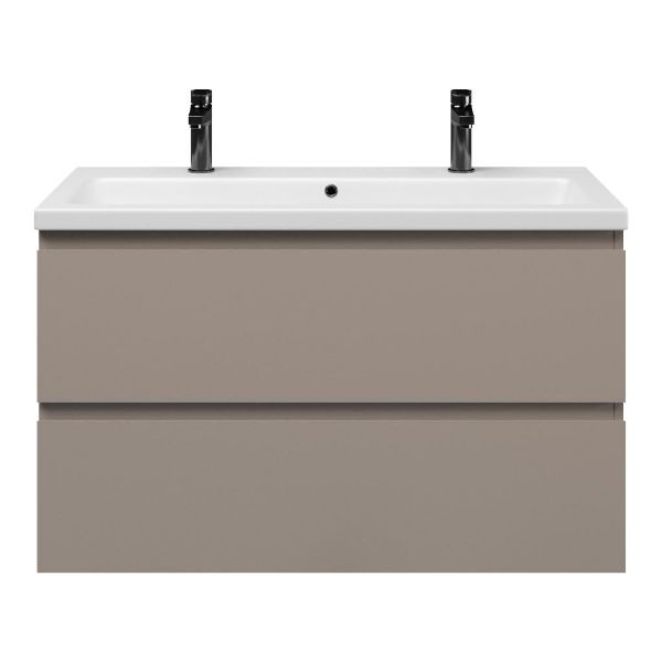 Zoutelande badmeubel 100 cm taupe met keramische Dishoek wastafel wit mat, 2 kraangaten