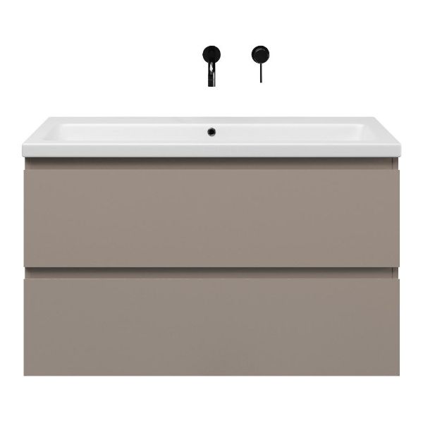 Zoutelande badmeubel 100 cm taupe met keramische Dishoek wastafel wit mat, zonder kraangat