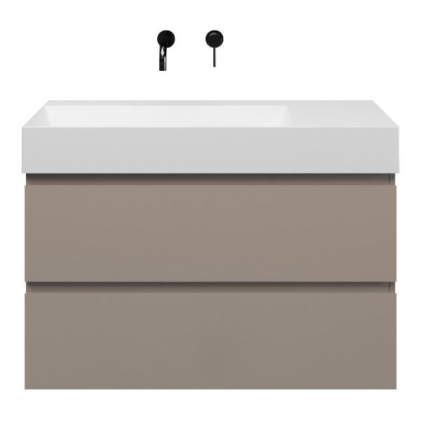 Zoutelande badmeubel 100 cm taupe met keramische Marken wastafel links wit mat, zonder kraangat