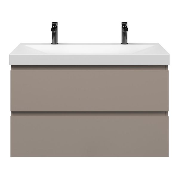 Zoutelande badmeubel 100 cm taupe met keramische Rockanje wastafel wit mat, 2 kraangaten