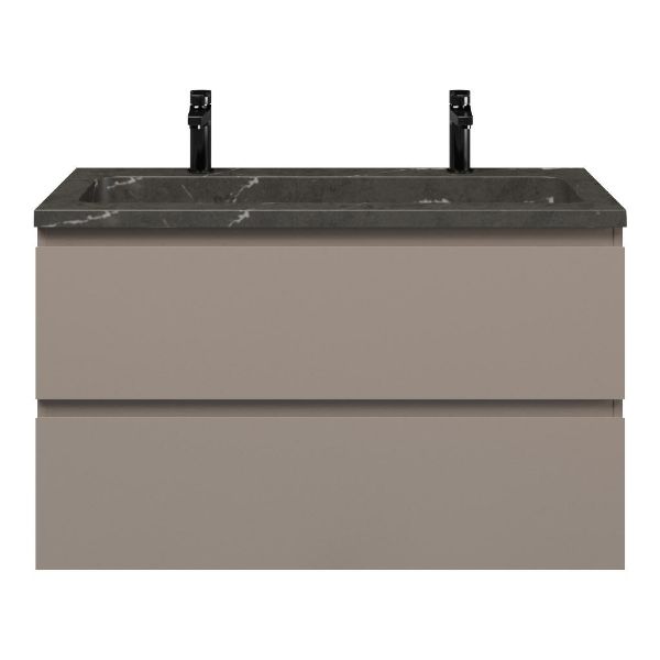 Zoutelande badmeubel 100 cm taupe met natuurstenen Square wastafel blue stone, 2 kraangaten